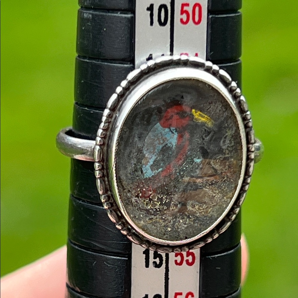 RARE Antique Victorian Reverse Painted Crystal Glass Parrot Sterling Silver Ring